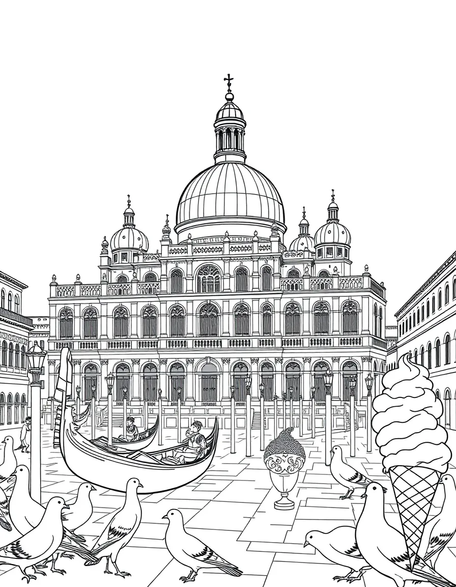 The Doge's Palace in Venice with gondoliers, carnival masks, pigeons in St. Mark's Square, and Italian gelato cones