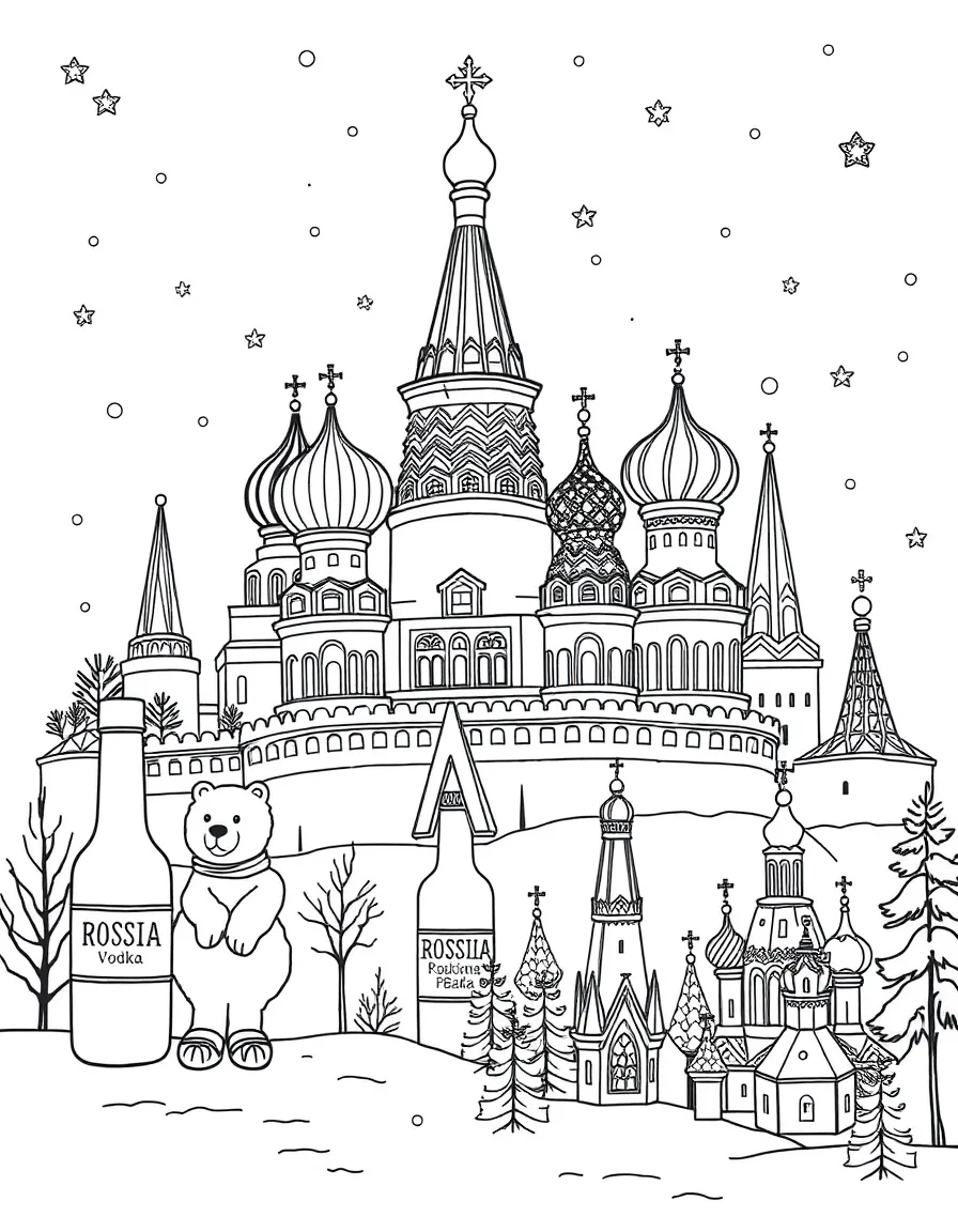 The Kremlin with Russian bears, ballet shoes, vodka bottles with decorative labels, Orthodox church domes, and snow scenes