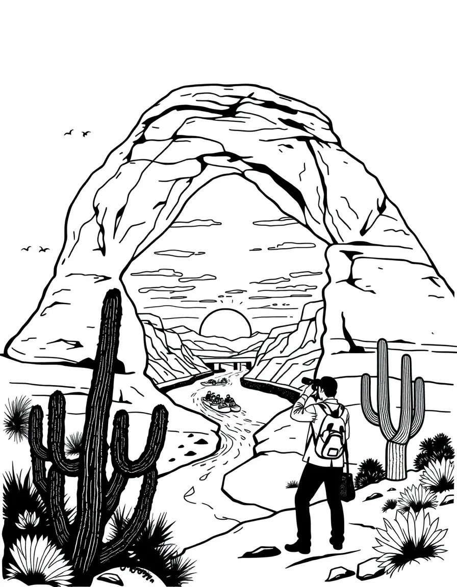 Horseshoe Bend with river rafting scenes, desert cacti, Arizona sunsets, Native American jewelry, and photographer silhouettes
