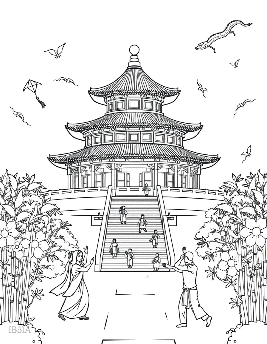 The Temple of Heaven in Beijing with Chinese kites, traditional costumes, paper dragons, bamboo forests, and tai chi practitioners