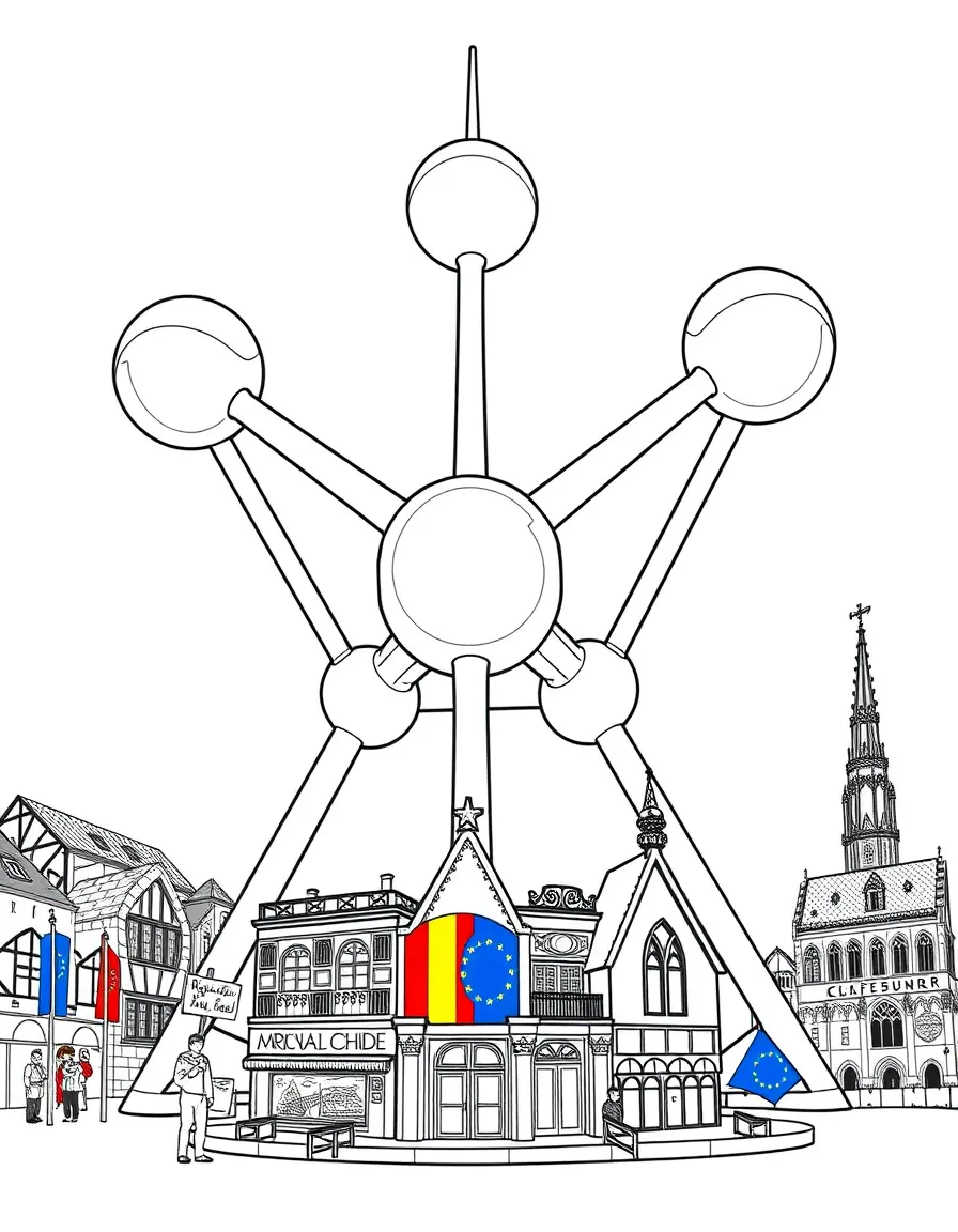 The Atomium in Brussels with Belgian waffles, chocolate boxes, comic book characters, EU flags, and medieval guild houses