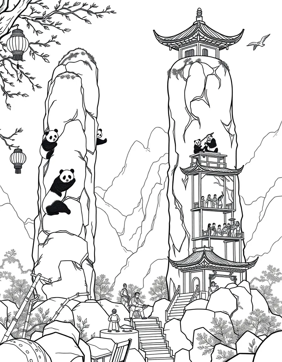 Zhangjiajie pillars with pandas climbing, Chinese lanterns, martial arts figures, bamboo scaffolding, and misty mountain scenes