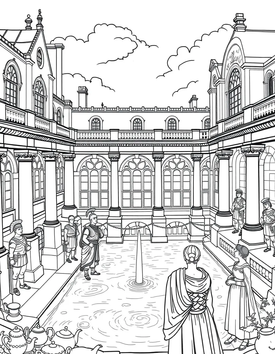 The Roman Baths in Bath with Roman soldiers, thermal springs, British tea sets, Jane Austen period costumes, and Georgian architecture
