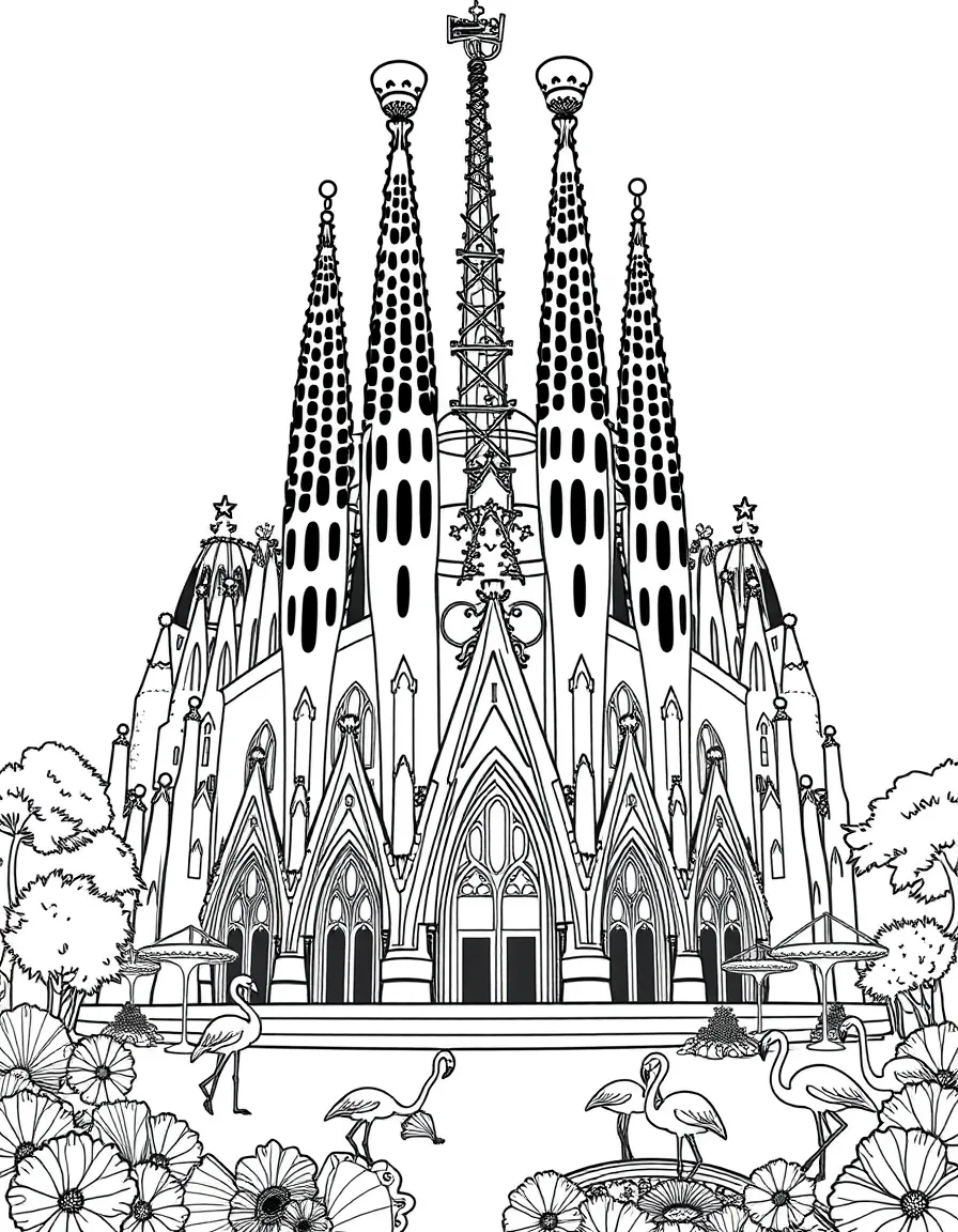 The Sagrada Familia in Barcelona with Spanish fans, paella pans, flamingo dancers, Gaudi's architectural swirls, and Mediterranean scenes