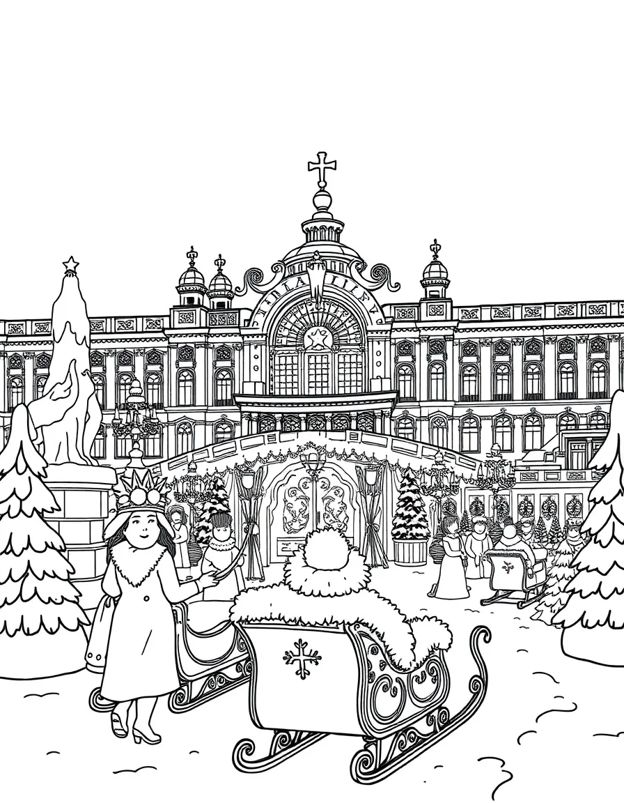 The Winter Palace in St. Petersburg with Russian snow queens, ice sculptures, ornate sleighs, fur muffs, and palace ballrooms