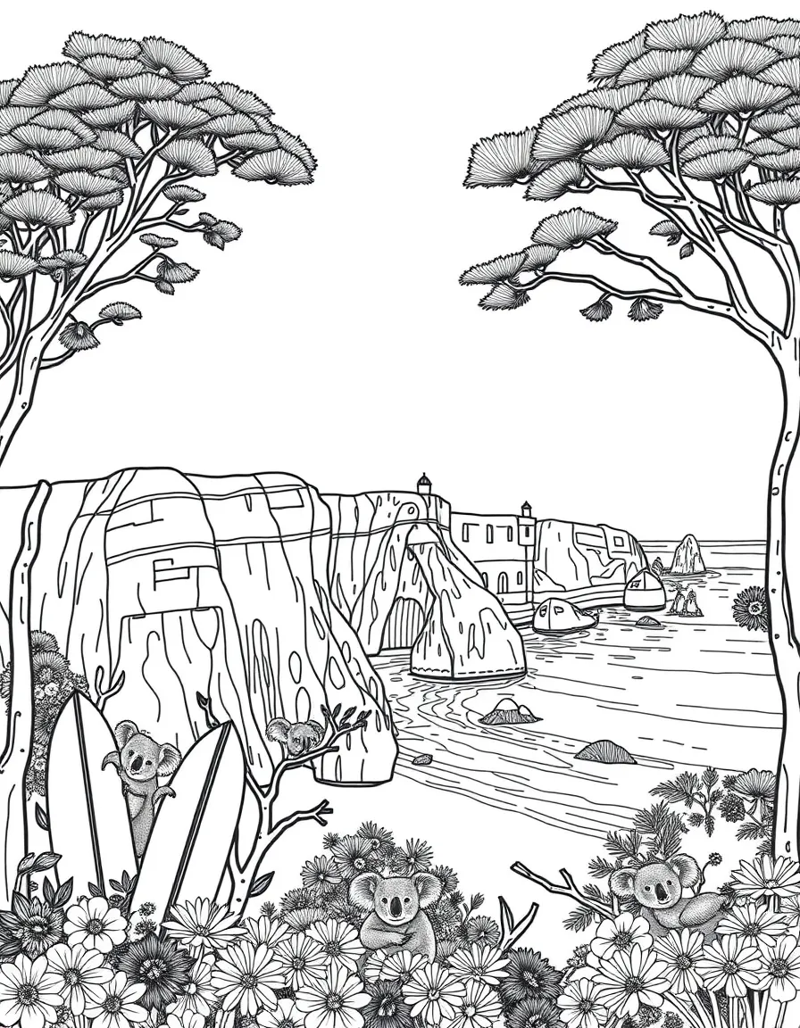 The Twelve Apostles in Australia with surfboards, koalas in eucalyptus trees, Australian Aboriginal art, and lighthouse beacons