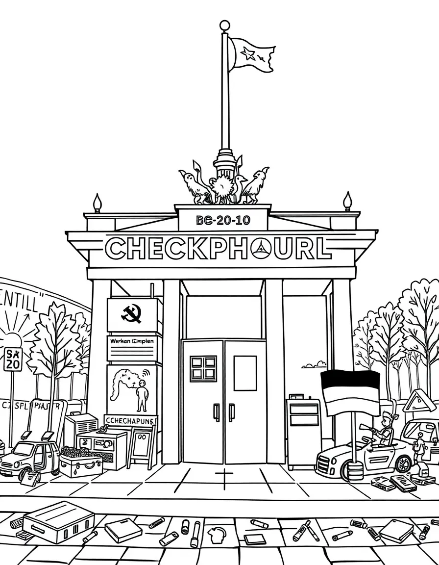 Checkpoint Charlie in Berlin with divided city symbols, pieces of the Berlin Wall, German flags, and Cold War era items