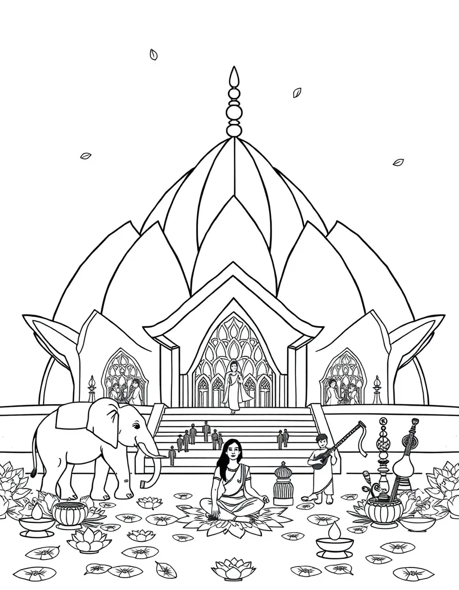 The Lotus Temple in Delhi with lotus petals, Indian elephants, yoga practitioners, sitar musical instruments, and incense burners