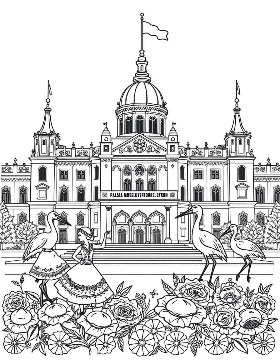 The Palace of Culture in Warsaw with Polish folk dancers, pierogi shapes, stork nests, traditional Polish embroidery patterns