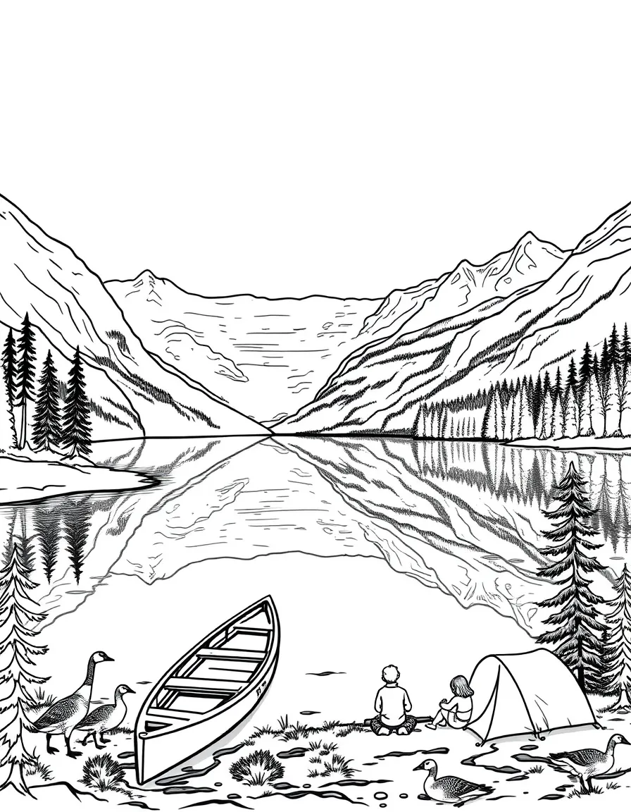 Moraine Lake in Canada with canoes, mountain reflections, Canadian geese, pine trees, and families camping by the water's edge