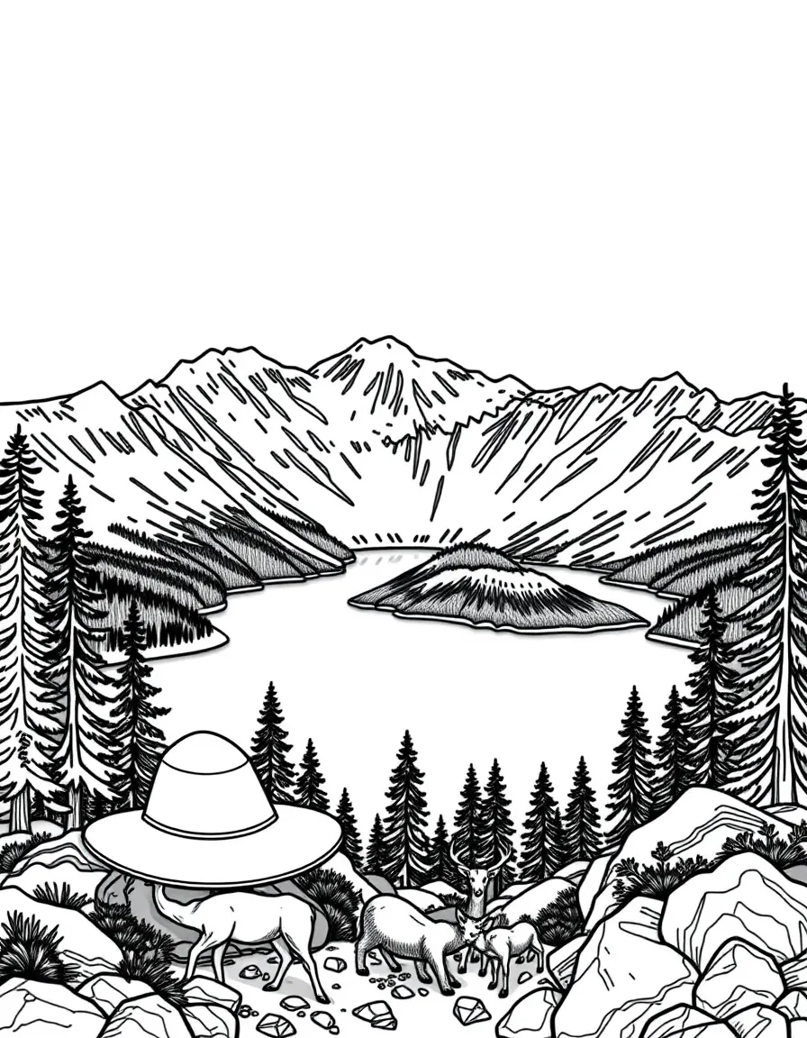 Crater Lake in Oregon with snow-capped mountains, park ranger hats, camping gear, Pacific Northwest wildlife, and volcanic rocks