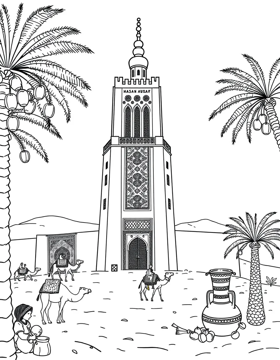 The Hassan Tower in Morocco with Moroccan rugs, desert scenes, camel caravans, traditional tagine pots, and palm date clusters