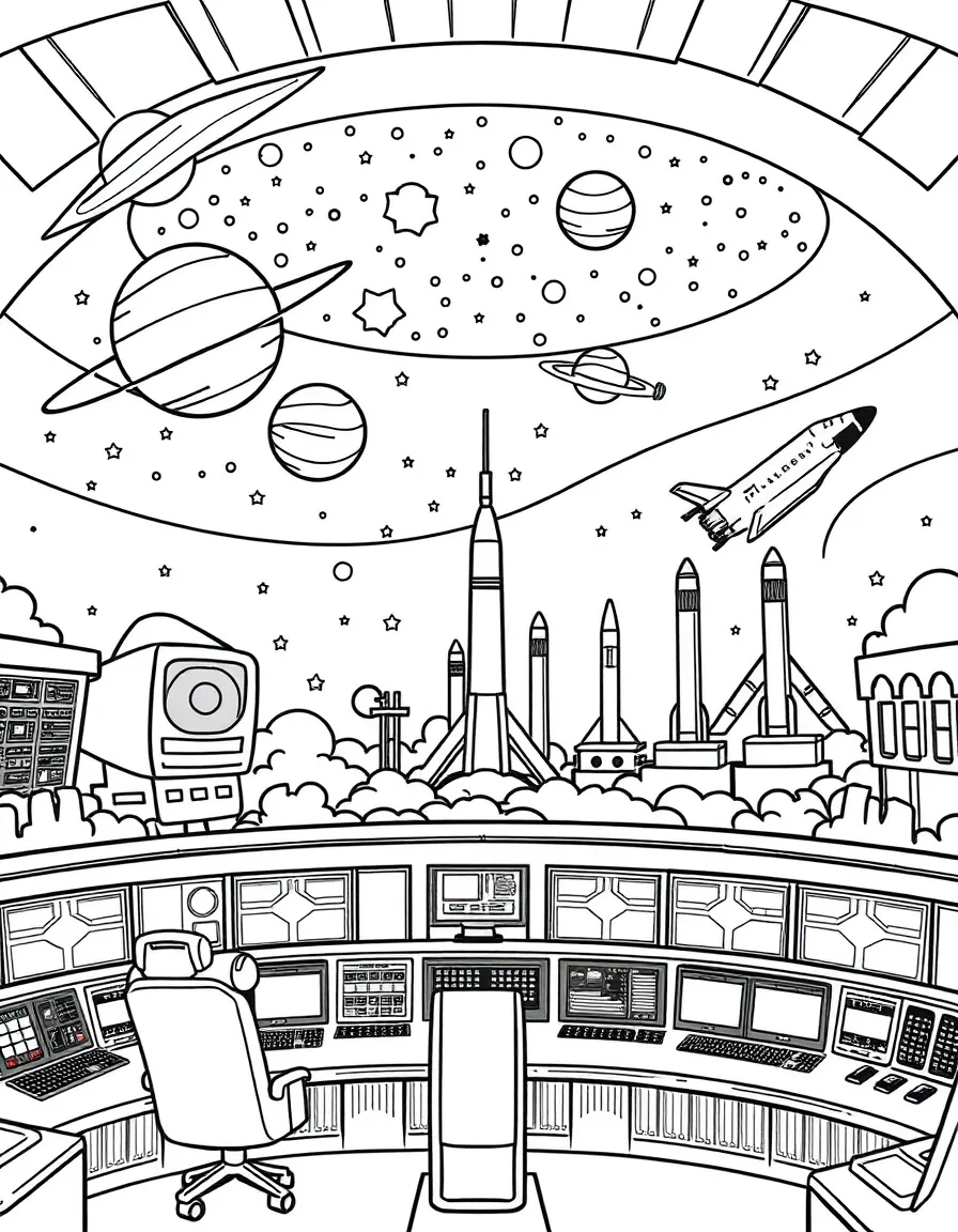 The Space Center in Houston with astronauts, rockets, planets, space shuttles, and mission control rooms with buttons and screens