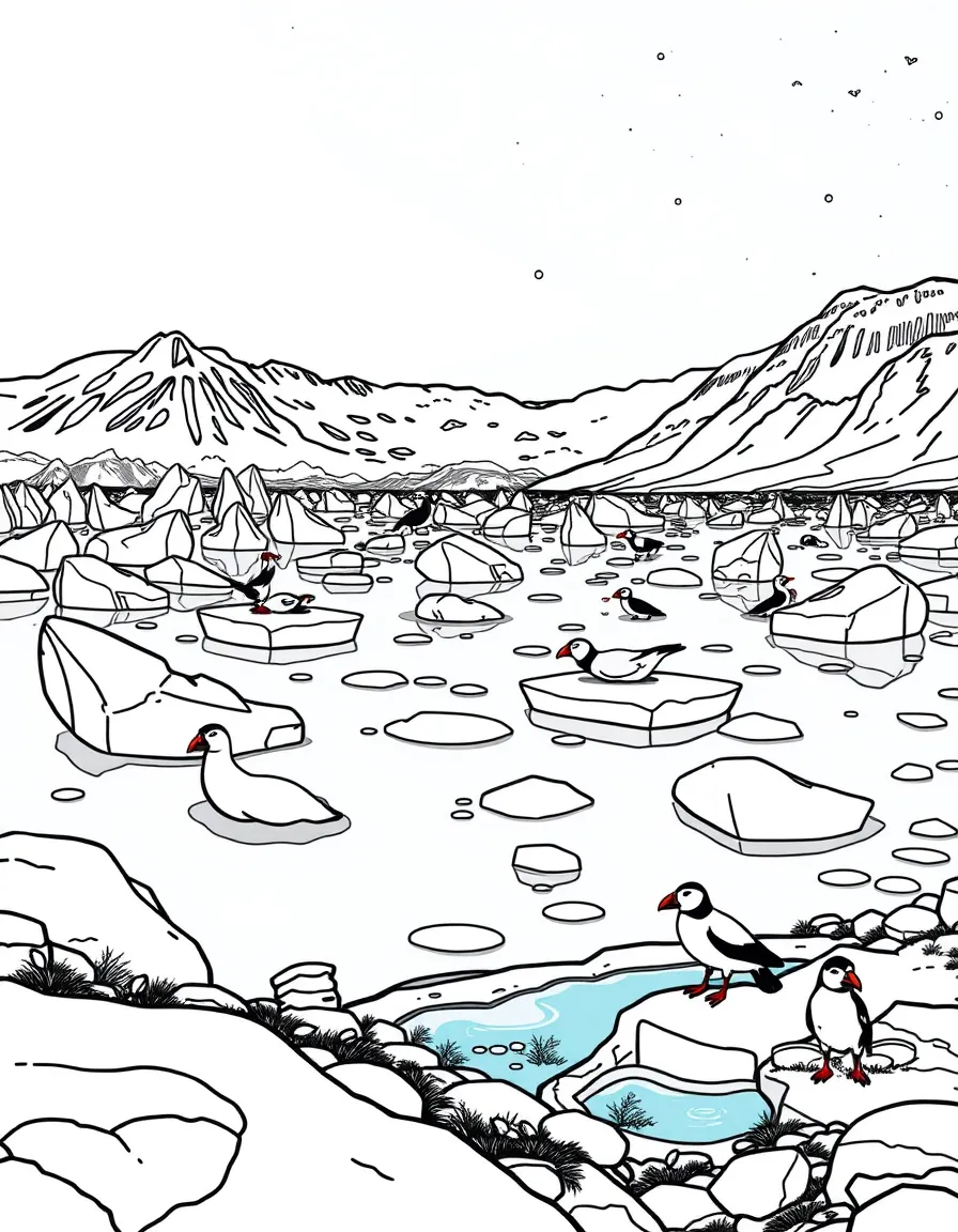 Jökulsárlón glacier lagoon in Iceland with seals on icebergs, northern lights, puffins, Icelandic horses, and geothermal springs