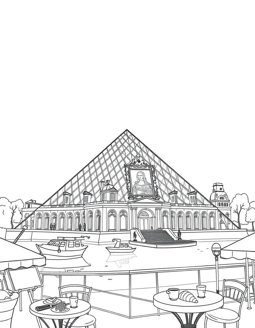 The Louvre Pyramid with art easels, French berets, Mona Lisa frames, Seine River boats, and Parisian café tables with croissants