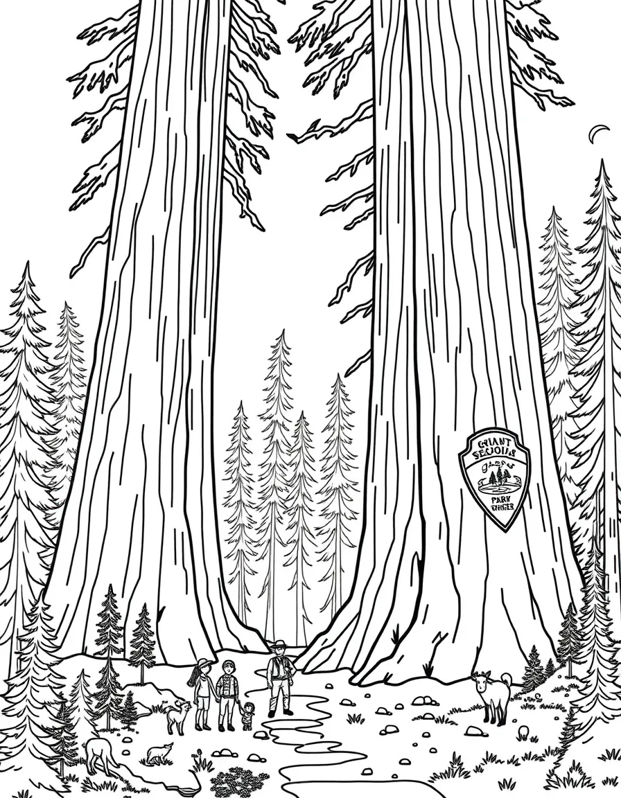 Giant Sequoia National Park with enormous tree trunks, park ranger badges, camping families, forest animals, and nature hiking trails