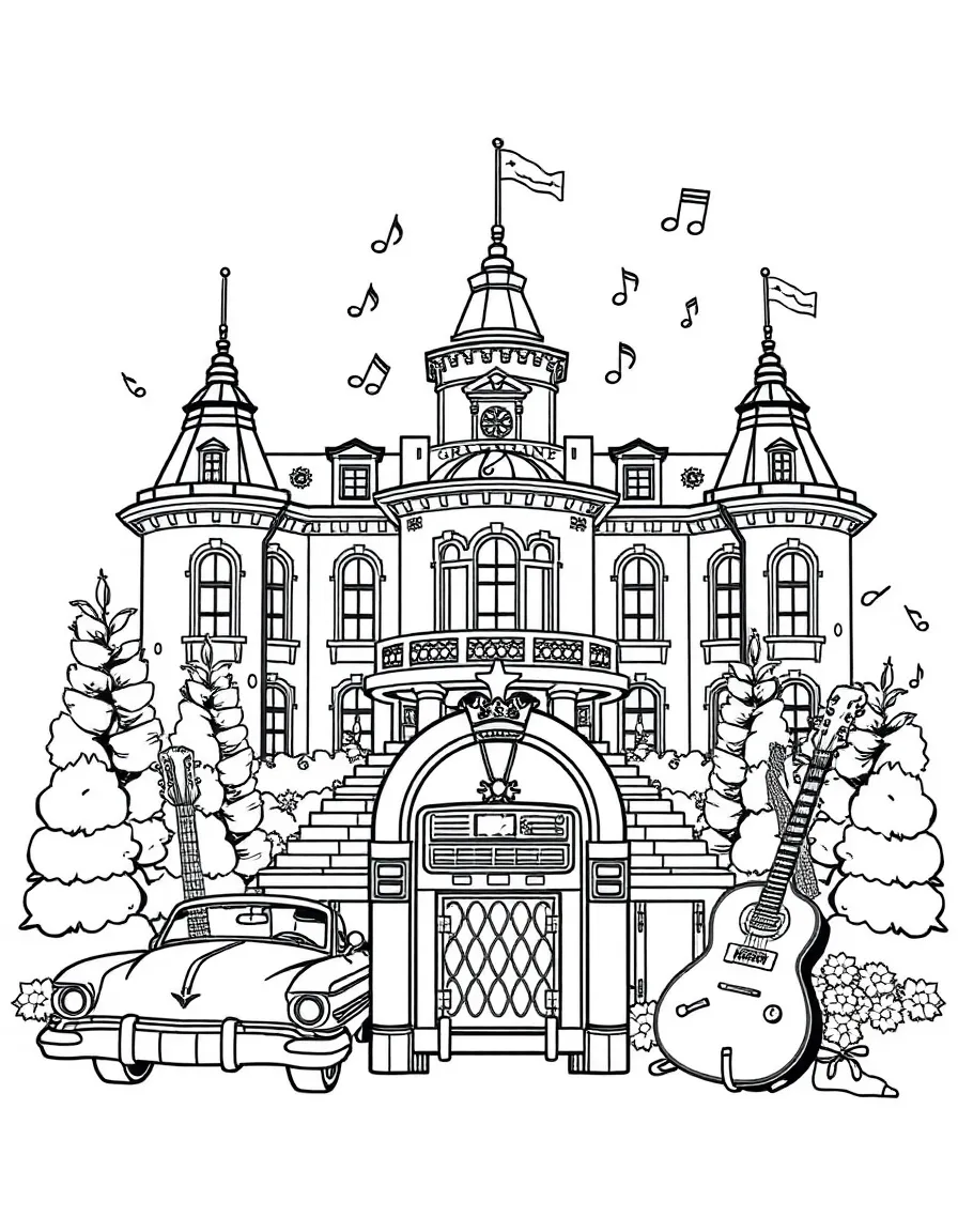 Graceland mansion with Elvis sunglasses, musical notes, vintage cars, guitars, and 1950s jukebox decorations
