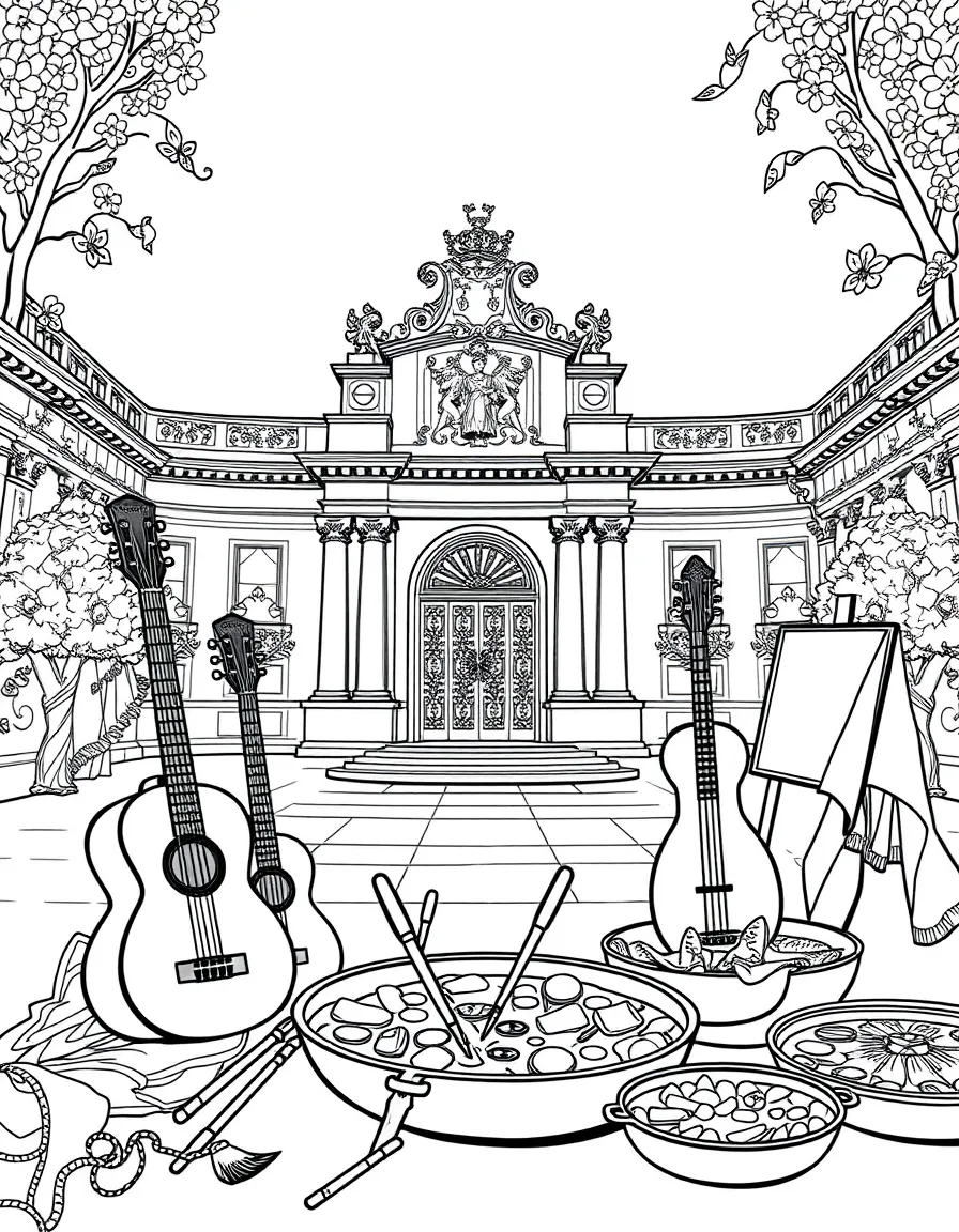 The Prado Museum in Madrid with Spanish guitars, flamenco dress ruffles, art palette and brushes, matador capes, and paella pans