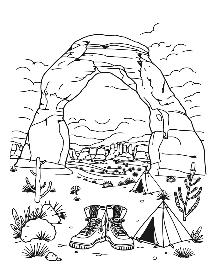 Arches National Park with desert landscapes, red rock formations, hiking boots, camping tents, and southwestern Native American designs