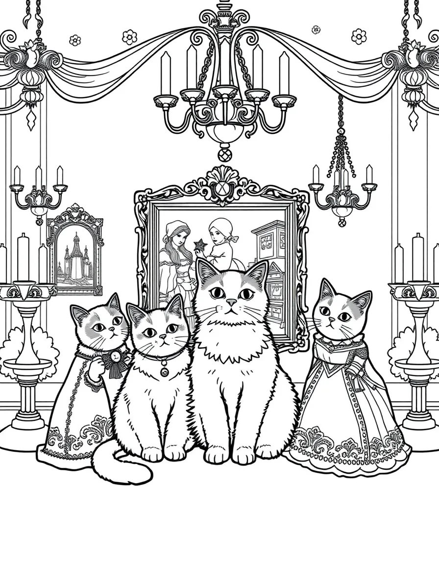 The Hermitage cats with Russian nesting dolls, ornate picture frames, palace chandeliers, snow scenes, and aristocratic ballgowns