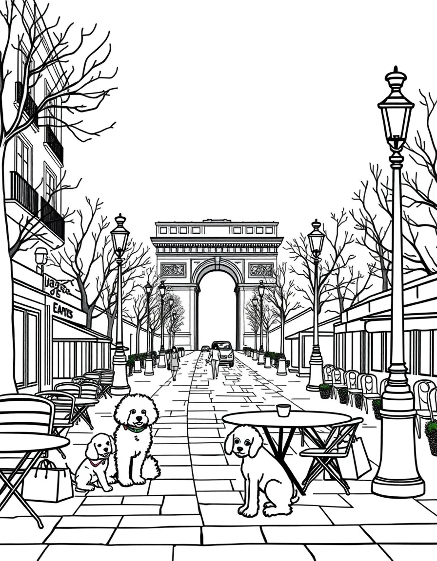 Champs-Élysées with French poodles, café bistro tables, fashion shopping bags, Arc de Triomphe silhouette, and Parisian lamp posts