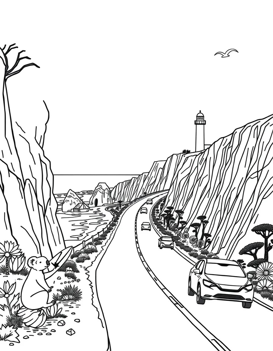 The Great Ocean Road in Australia with surfer silhouettes, lighthouse beacons, koala bears, road trip cars, and coastal cliffs