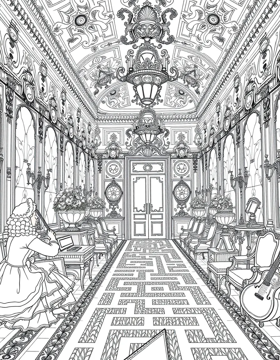 Versailles Hall of Mirrors with ornate French furniture, powdered wigs, fancy dress shoes, baroque music instruments, and garden mazes