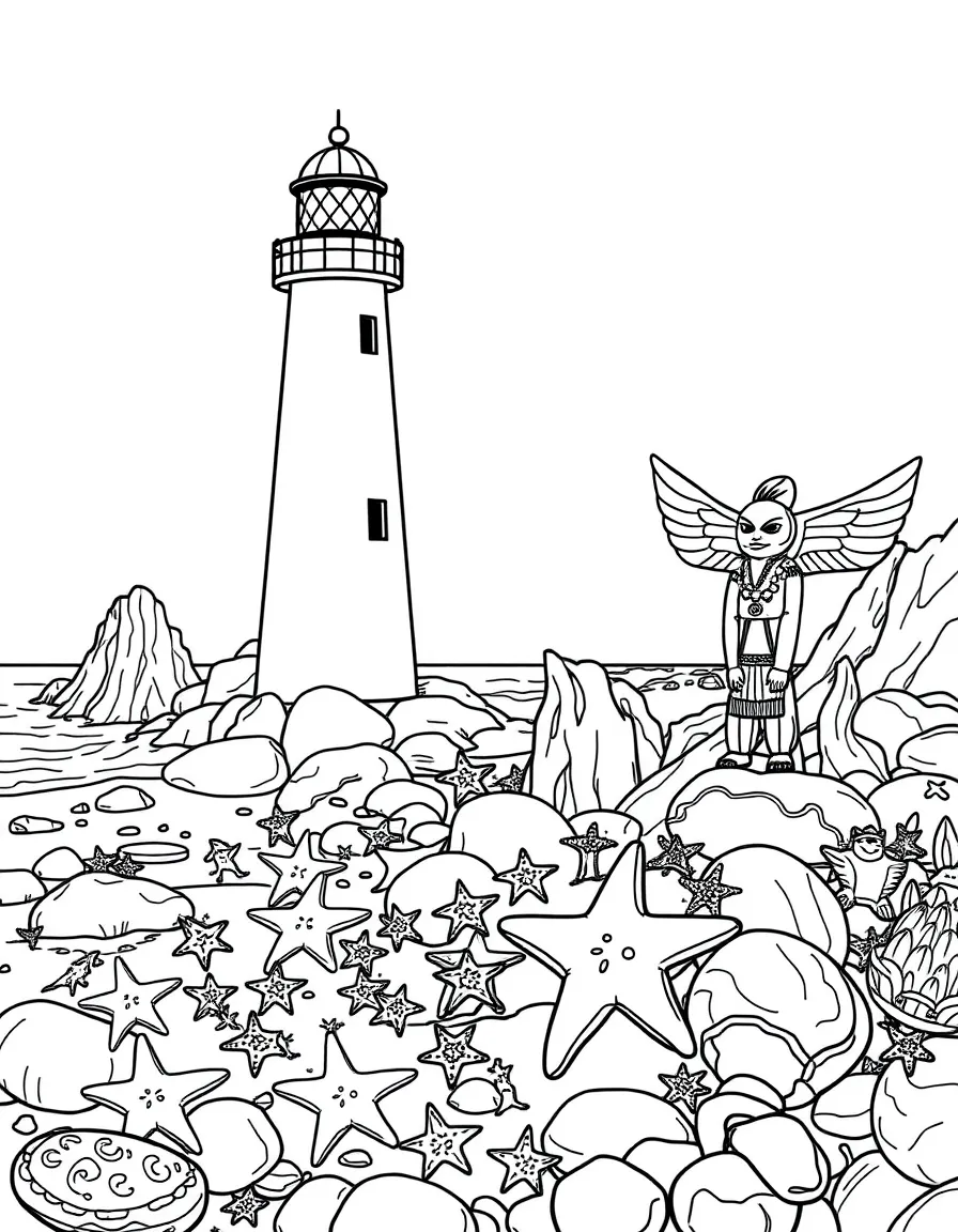 The Oregon Coast with tide pools, sea stars, lighthouse keepers, driftwood sculptures, and Pacific Northwest Native American totems