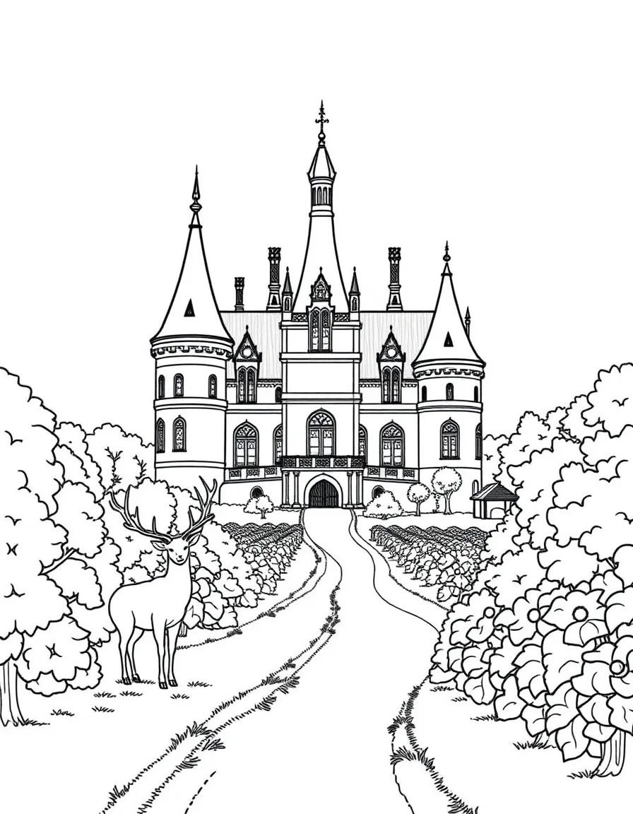 Château de Chambord with French hunting horns, royal crowns, deer in the forest, Renaissance costume elements, and Loire Valley vineyards