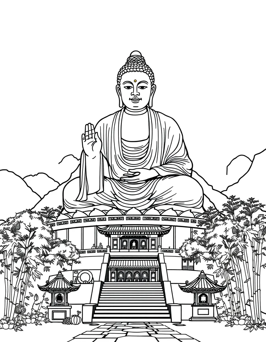 The Giant Buddha of Leshan with Buddhist prayer flags, lotus meditation poses, Chinese tea ceremonies, bamboo groves, and temple bells