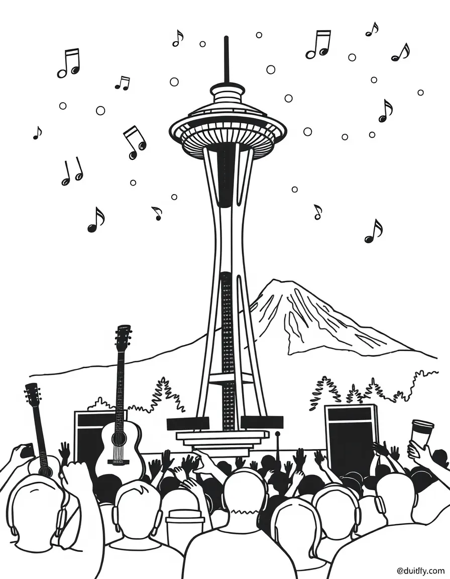 Space Needle during a music festival with guitars, musical notes, coffee cups, Mount Rainier backdrop, and concert crowd silhouettes
