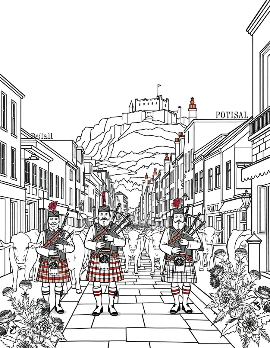 The Royal Mile in Edinburgh with Scottish kilts, bagpipes, Highland cattle, thistle flowers, and Edinburgh Castle on the hill
