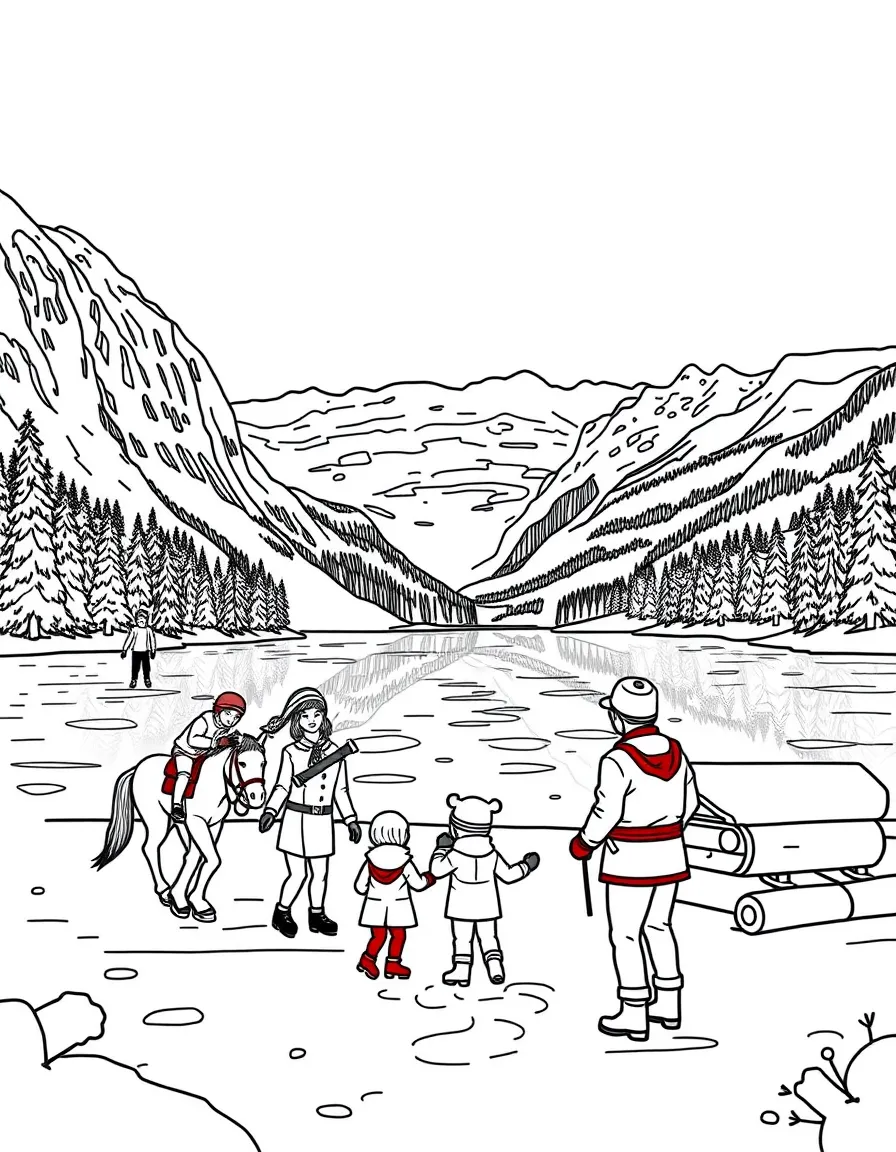 Banff's Lake Louise with ice skating families, mountain reflections, Canadian Mountie horses, log cabins, and snow angel impressions