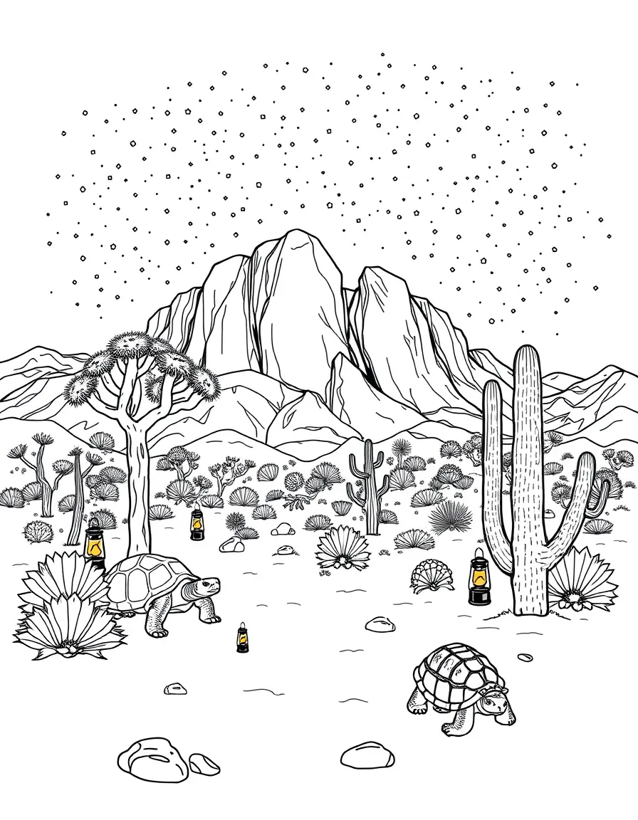 Joshua Tree National Park with desert tortoises, rock climbing gear, starry night skies, camping lanterns, and southwestern cacti
