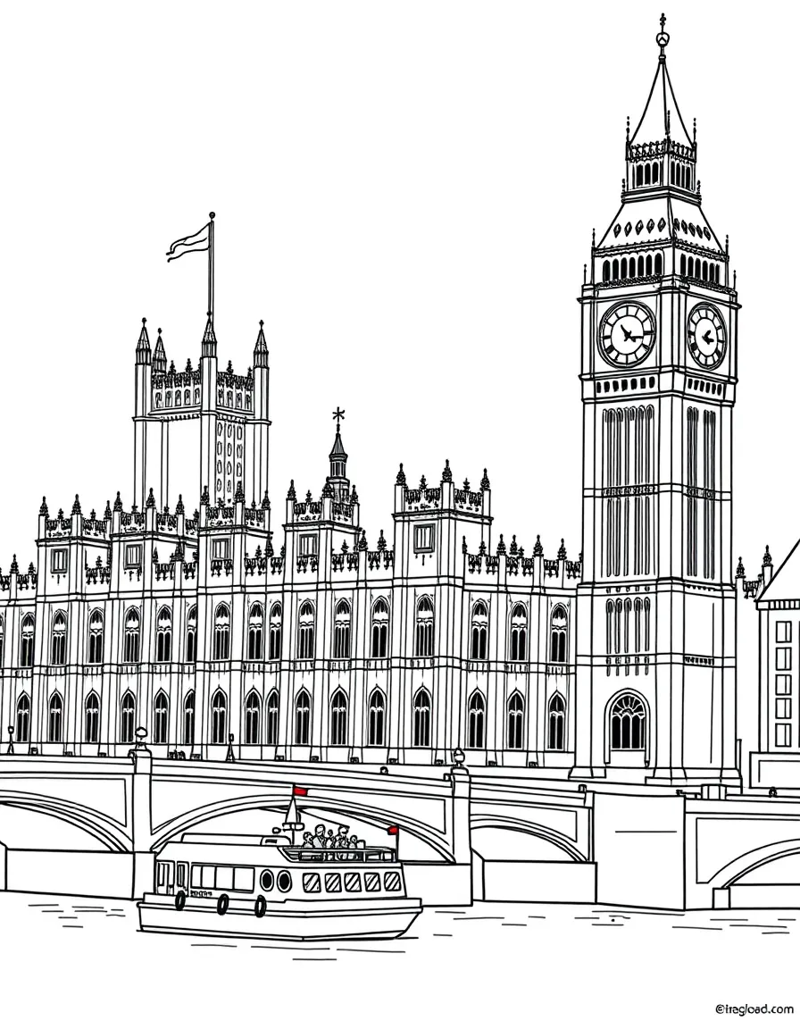 Westminster Palace with British parliamentary wigs, royal scepters, Thames riverboats, London fog, and Big Ben clock faces