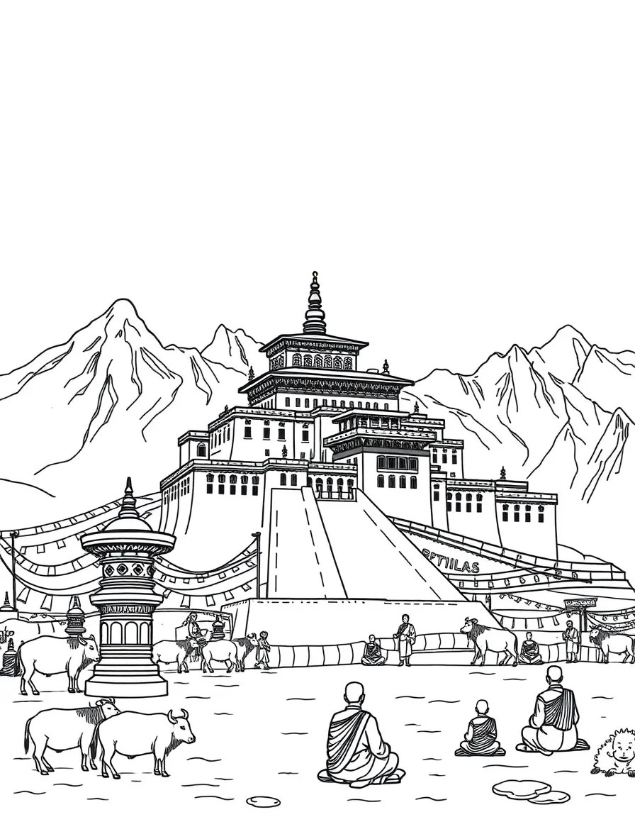 The Potala Palace in Tibet with prayer wheels, yaks, Himalayan peaks, Tibetan prayer flags, and Buddhist monks in meditation
