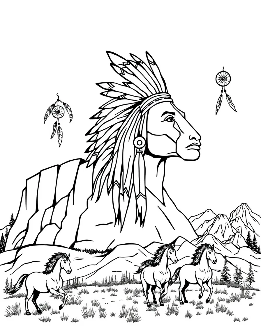Crazy Horse Memorial with Native American feathers, dream catchers, wild horses, Black Hills landscape, and tribal war paint designs