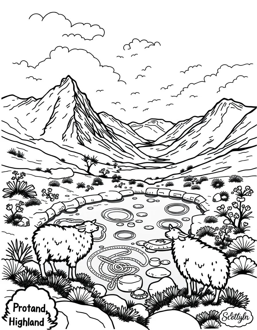 Fairy Pools on Isle of Skye with Scottish Highland sheep, Celtic knot patterns, Scottish tartan designs, and misty mountain landscapes