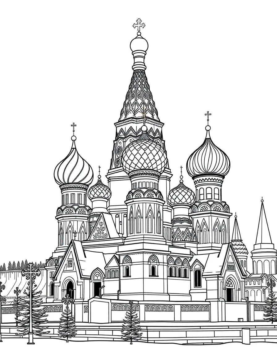 The Cathedral of Saint Basil with Russian onion domes, snow scenes, Orthodox crosses, Kremlin walls, and traditional Russian folk art