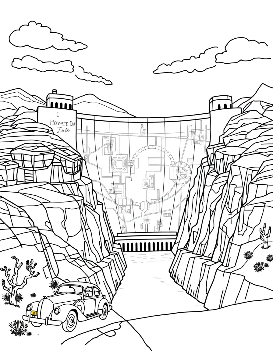 Hoover Dam with engineering blueprints, desert landscapes, Colorado River, vintage 1930s cars, and Art Deco design elements
