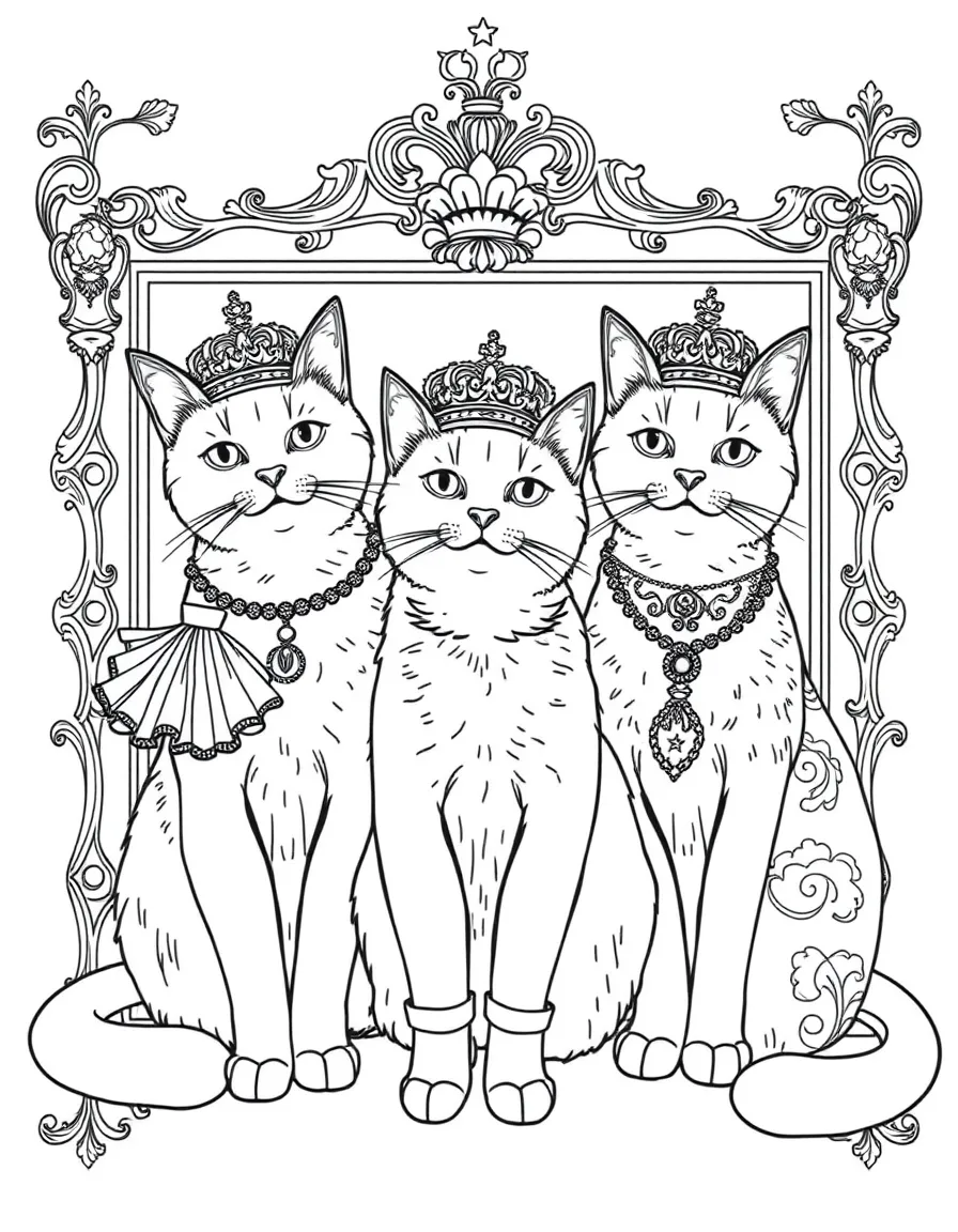 The Hermitage Museum cats with Russian imperial crowns, ornate gold frames, aristocratic fans, ballet slippers, and Faberge egg patterns