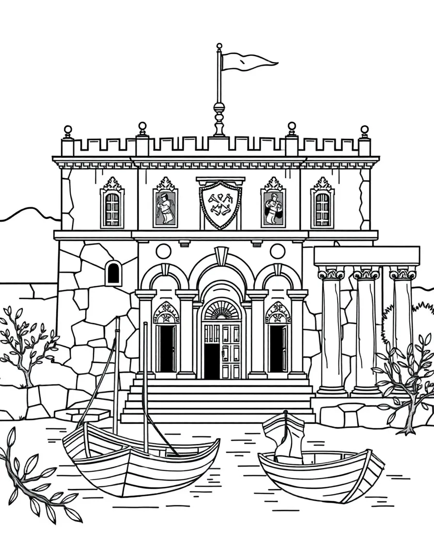 The Palace of the Grand Master in Rhodes with medieval knight shields, Greek island boats, olive tree branches, and ancient Greek columns