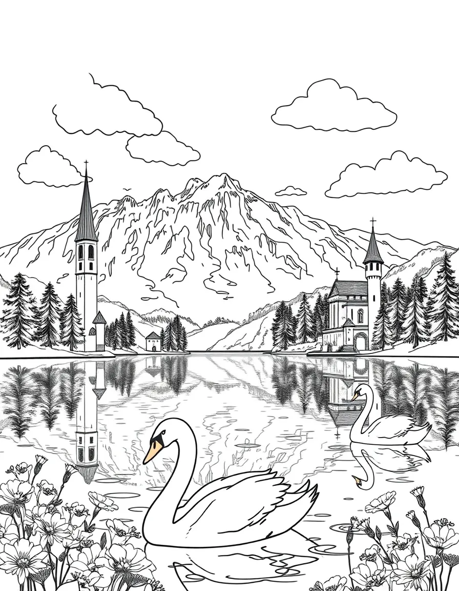 Lake Bled with swan boats, Slovenian church bells, alpine flowers, fairy tale castle towers, and mountain reflection scenes