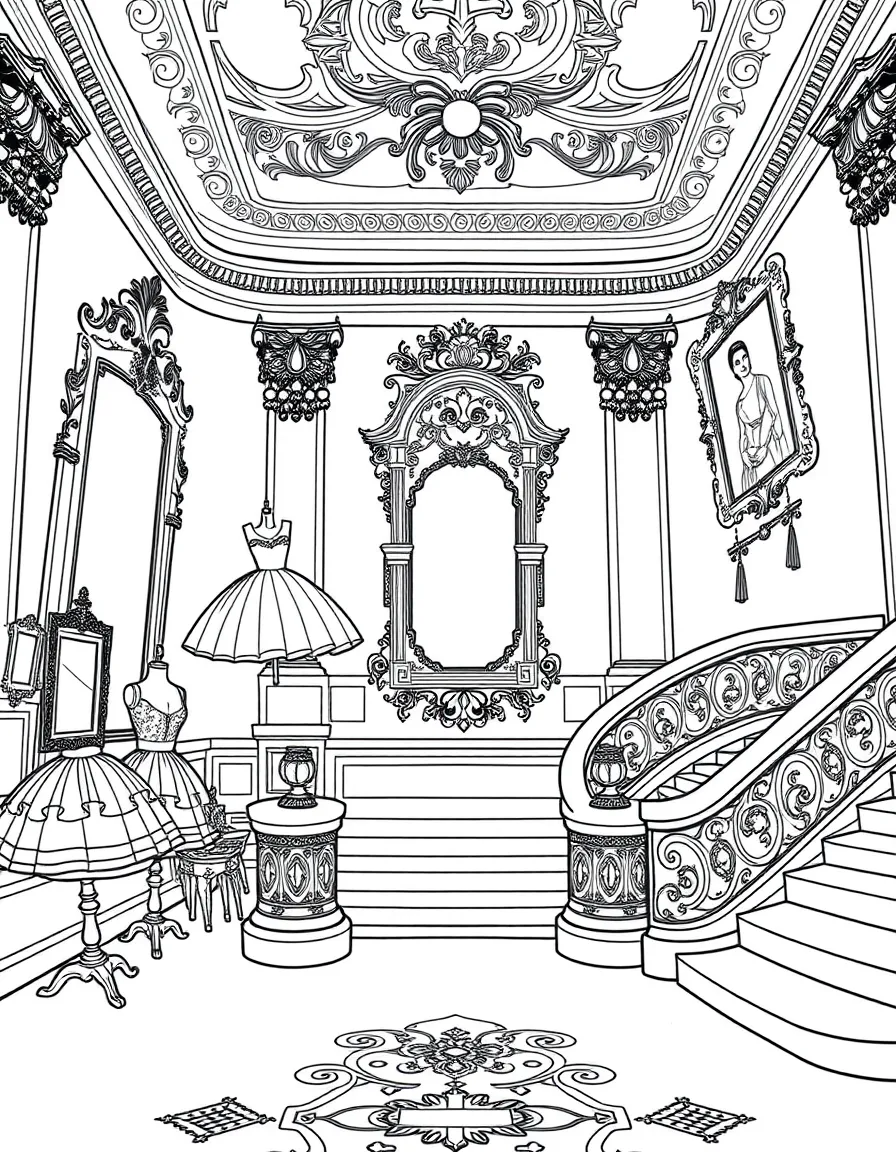 The Hermitage State Museum with Russian ballet tutus, imperial jewelry, ornate mirrors, aristocratic portrait frames, and palace staircases