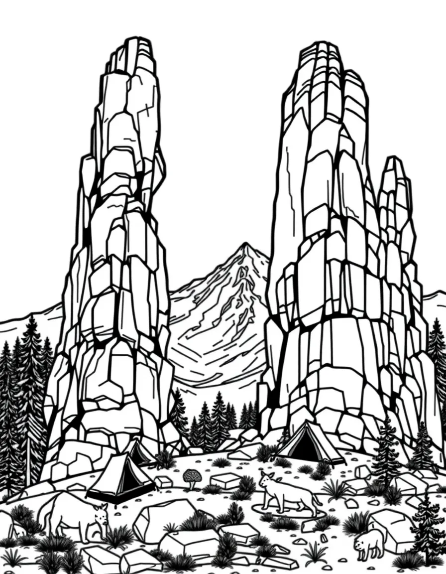 Devils Postpile with geometric rock columns, Sierra Nevada mountains, camping gear, wilderness animals, and natural stone patterns