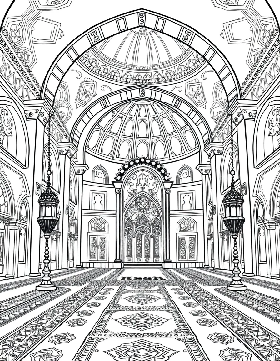 The Blue Mosque interior with Islamic geometric patterns, prayer rugs, crescent moon symbols, Turkish lamps, and calligraphy decorations