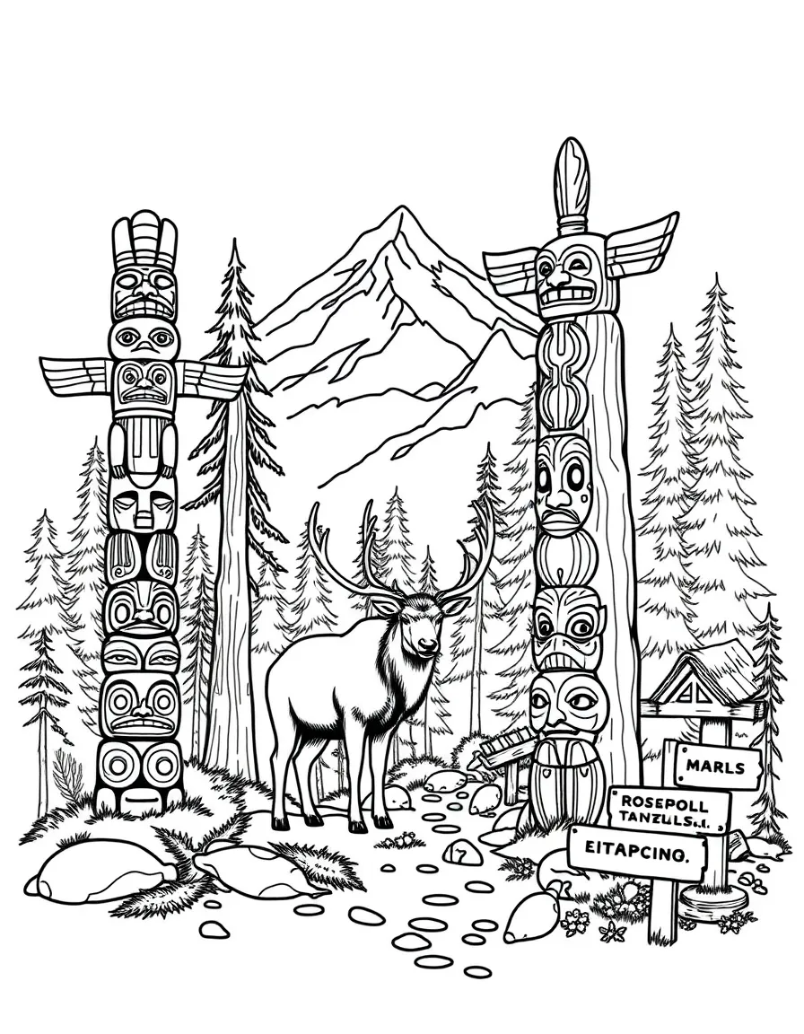 Olympic National Park with Pacific Northwest totems, Roosevelt elk, old growth forests, tide pool creatures, and hiking trail markers