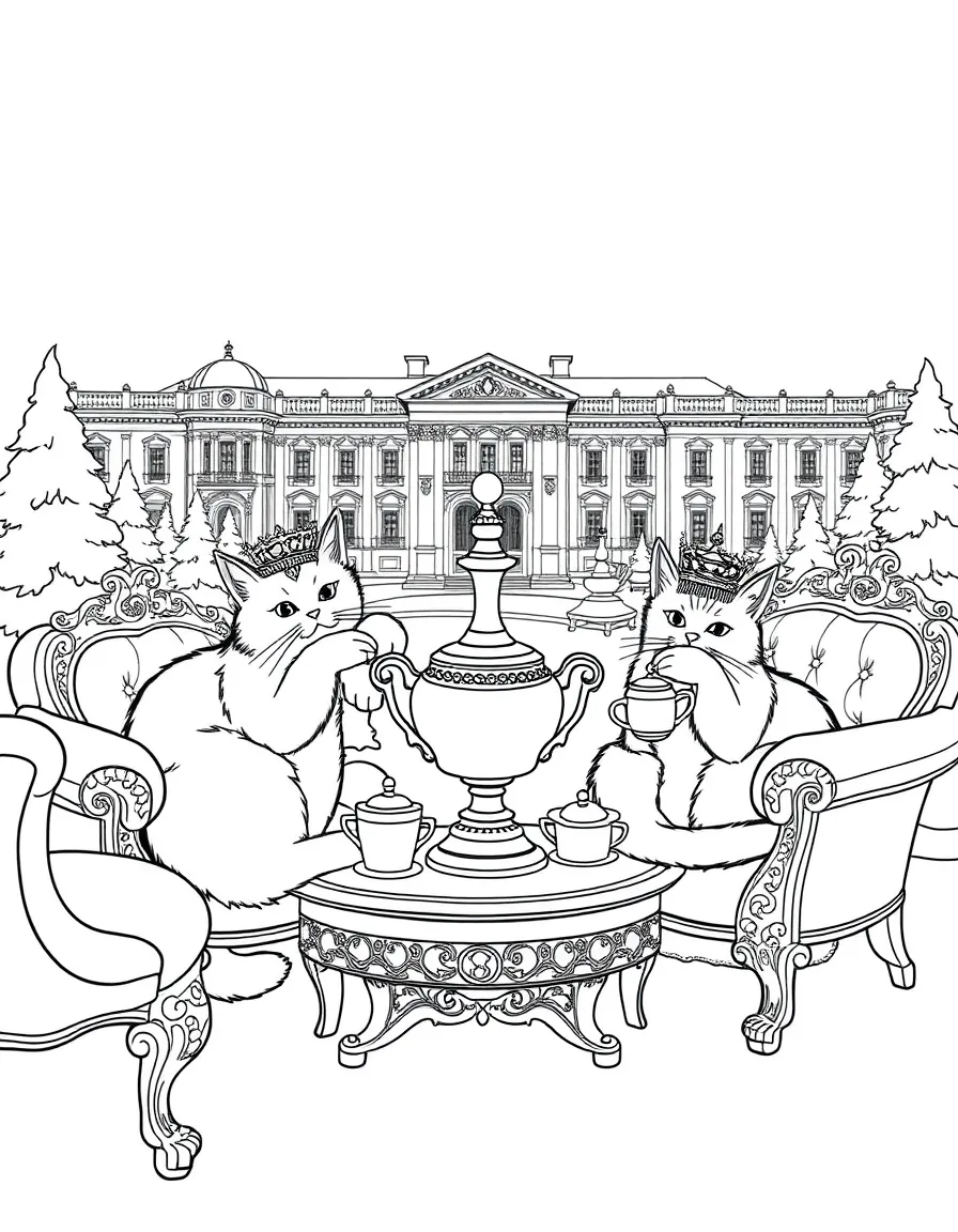 The Hermitage cats lounging with Russian samovar tea sets, imperial crowns, ornate furniture, snow-covered palace grounds
