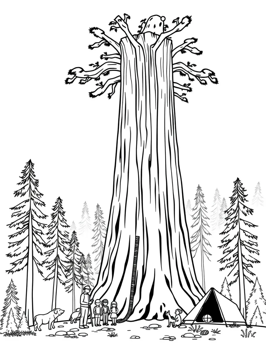 Sequoia National Park's General Sherman tree with park ranger hats, giant tree measuring tapes, forest animals, and camping families