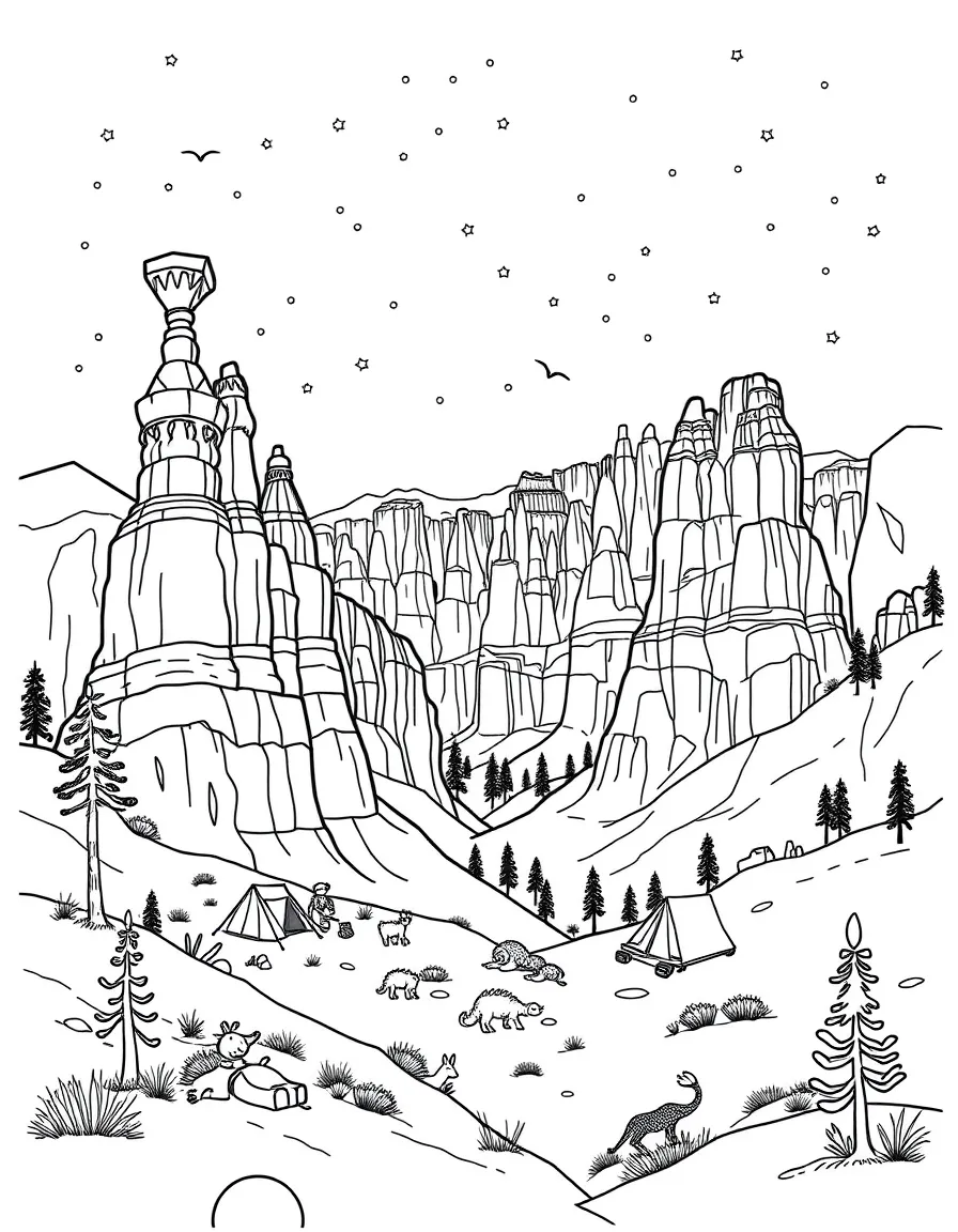 Bryce Canyon's hoodoos with Native American pottery, desert wildlife, camping scenes under stars, and red rock formation patterns